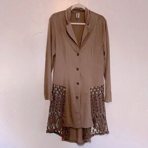 XCVI Long Boho Cardigan Free Tunic Lace Coat Button Crochet EUC XL